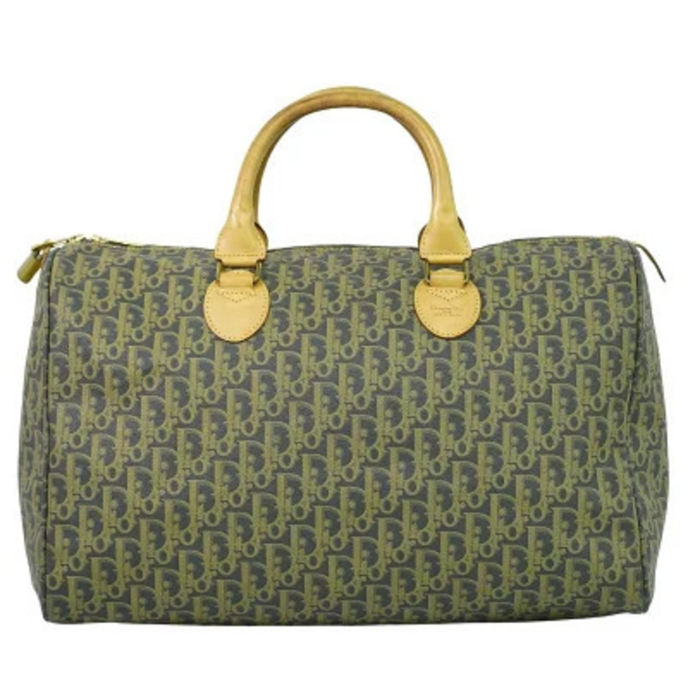 Christian Dior Trotter Boston Handbag Travel Canvas Navy Blue Beige